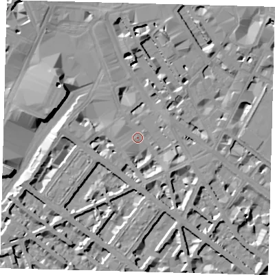 Shaded relief map of the ground around SW1V1DZ, computed from Environment Agency LiDAR. The ground here sits at about 4 m above sea level and falls 10 m across the surrounding 800 m. Surface water reaching this point runs off ground lying to the south, 4.8 m higher.