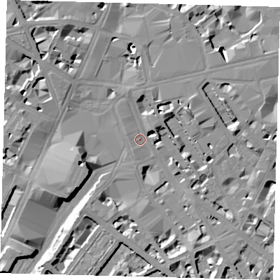 Shaded relief map of the ground around SW1V1EJ, computed from Environment Agency LiDAR. The ground here sits at about 4 m above sea level and falls 13 m across the surrounding 800 m. Surface water reaching this point runs off ground lying to the south-south-east, 6.6 m higher.