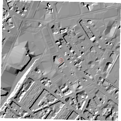Shaded relief map of the ground around SW1V1EQ, computed from Environment Agency LiDAR. The ground here sits at about 4 m above sea level and falls 13 m across the surrounding 800 m. Surface water reaching this point runs off ground lying to the south, 4.8 m higher.