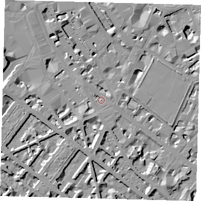 Shaded relief map of the ground around SW1V1ER, computed from Environment Agency LiDAR. The ground here sits at about 4 m above sea level and falls 11 m across the surrounding 800 m. Surface water reaching this point runs off ground lying to the south, 3.3 m higher.