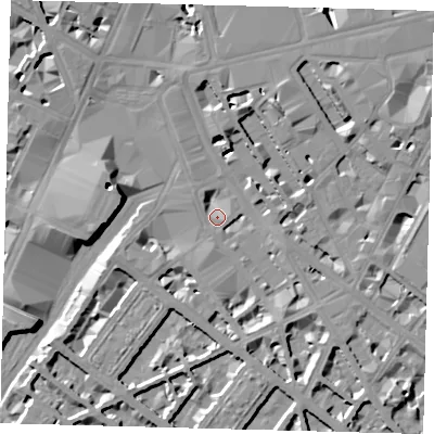 Shaded relief map of the ground around SW1V1HJ, computed from Environment Agency LiDAR. The ground here sits at about 3 m above sea level and falls 13 m across the surrounding 800 m. Surface water reaching this point runs off ground lying to the south-south-east, 4.8 m higher.