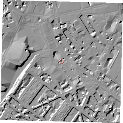 Shaded relief map of the ground around SW1V1HN, computed from Environment Agency LiDAR. The ground here sits at about 3 m above sea level and falls 10 m across the surrounding 800 m. Surface water reaching this point runs off ground lying to the south, 4.8 m higher.