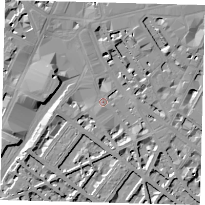 Shaded relief map of the ground around SW1V1HP, computed from Environment Agency LiDAR. The ground here sits at about 4 m above sea level and falls 10 m across the surrounding 800 m. Surface water reaching this point runs off ground lying to the south-south-east, 4.8 m higher.