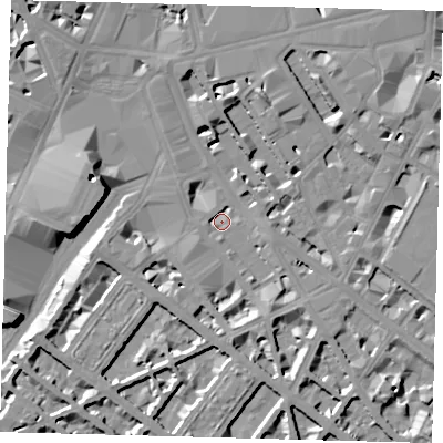 Shaded relief map of the ground around SW1V1HR, computed from Environment Agency LiDAR. The ground here sits at about 3 m above sea level and falls 10 m across the surrounding 800 m. Surface water reaching this point runs off ground lying to the south, 4.8 m higher.