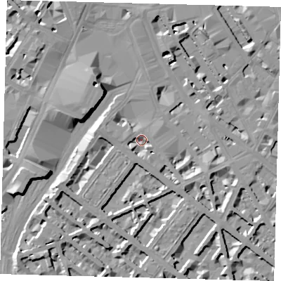 Shaded relief map of the ground around SW1V1HS, computed from Environment Agency LiDAR. The ground here sits at about 3 m above sea level and falls 10 m across the surrounding 800 m. Surface water reaching this point runs off ground lying to the west, 5.2 m higher.