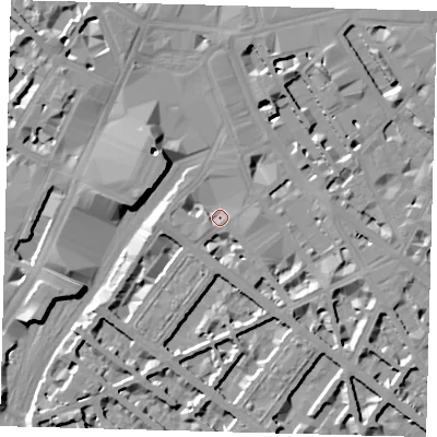 Shaded relief map of the ground around SW1V1HU, computed from Environment Agency LiDAR. The ground here sits at about 3 m above sea level and falls 10 m across the surrounding 800 m. Surface water reaching this point runs off ground lying to the west, 5.2 m higher.