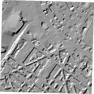 Shaded relief map of the ground around SW1V1JB, computed from Environment Agency LiDAR. The ground here sits at about 3 m above sea level and falls 10 m across the surrounding 800 m. Surface water reaching this point runs off ground lying to the south-south-east, 4.8 m higher.