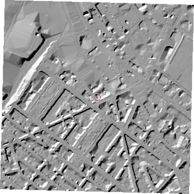 Shaded relief map of the ground around SW1V1JD, computed from Environment Agency LiDAR. The ground here sits at about 3 m above sea level and falls 10 m across the surrounding 800 m. Surface water reaching this point runs off ground lying to the east, 3.8 m higher.