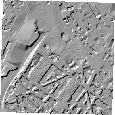Shaded relief map of the ground around SW1V1JE, computed from Environment Agency LiDAR. The ground here sits at about 5 m above sea level and falls 10 m across the surrounding 800 m. Surface water reaching this point runs off ground lying to the south, 5.3 m higher.
