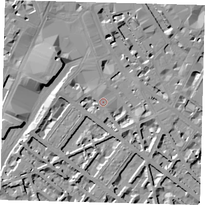 Shaded relief map of the ground around SW1V1JG, computed from Environment Agency LiDAR. The ground here sits at about 4 m above sea level and falls 10 m across the surrounding 800 m. Surface water reaching this point runs off ground lying to the west, 5.2 m higher.