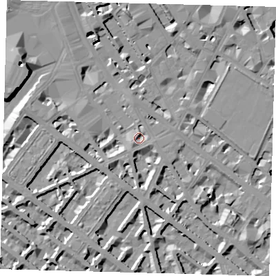 Shaded relief map of the ground around SW1V1JH, computed from Environment Agency LiDAR. The ground here sits at about 4 m above sea level and falls 10 m across the surrounding 800 m. Surface water reaching this point runs off ground lying to the south-west, 2.9 m higher.