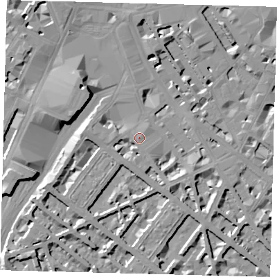 Shaded relief map of the ground around SW1V1JJ, computed from Environment Agency LiDAR. The ground here sits at about 4 m above sea level and falls 10 m across the surrounding 800 m. Surface water reaching this point runs off ground lying to the west, 5.2 m higher.