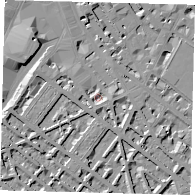Shaded relief map of the ground around SW1V1JQ, computed from Environment Agency LiDAR. The ground here sits at about 3 m above sea level and falls 10 m across the surrounding 800 m. Surface water reaching this point runs off ground lying to the south, 4.5 m higher.