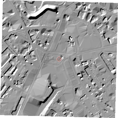 Shaded relief map of the ground around SW1V1JR, computed from Environment Agency LiDAR. The ground here sits at about 4 m above sea level and falls 19 m across the surrounding 800 m. Surface water reaching this point runs off ground lying to the north-north-west, 19.4 m higher.