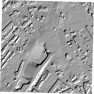 Shaded relief map of the ground around SW1V1JT, computed from Environment Agency LiDAR. The ground here sits at about 4 m above sea level and falls 13 m across the surrounding 800 m. Surface water reaching this point runs off ground lying to the south-west, 6.5 m higher.