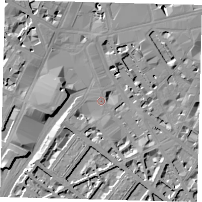 Shaded relief map of the ground around SW1V1JZ, computed from Environment Agency LiDAR. The ground here sits at about 4 m above sea level and falls 13 m across the surrounding 800 m. Surface water reaching this point runs off ground lying to the south-south-east, 5.3 m higher.