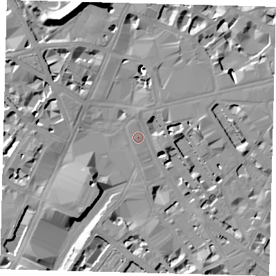 Shaded relief map of the ground around SW1V1LG, computed from Environment Agency LiDAR. The ground here sits at about 4 m above sea level and falls 19 m across the surrounding 800 m. Surface water reaching this point runs off ground lying to the south-south-east, 5.4 m higher.