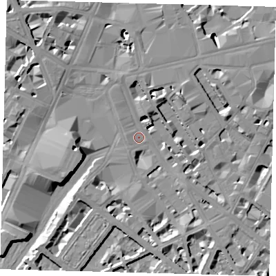 Shaded relief map of the ground around SW1V1LH, computed from Environment Agency LiDAR. The ground here sits at about 4 m above sea level and falls 13 m across the surrounding 800 m. Surface water reaching this point runs off ground lying to the south-south-east, 6.6 m higher.