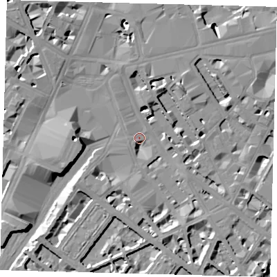Shaded relief map of the ground around SW1V1LJ, computed from Environment Agency LiDAR. The ground here sits at about 4 m above sea level and falls 13 m across the surrounding 800 m. Surface water reaching this point runs off ground lying to the south-south-east, 6.5 m higher.