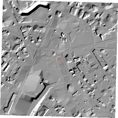 Shaded relief map of the ground around SW1V1LL, computed from Environment Agency LiDAR. The ground here sits at about 4 m above sea level and falls 19 m across the surrounding 800 m. Surface water reaching this point runs off ground lying to the north-north-east, 0.8 m higher.