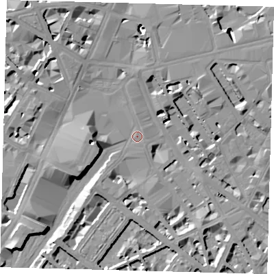 Shaded relief map of the ground around SW1V1LQ, computed from Environment Agency LiDAR. The ground here sits at about 4 m above sea level and falls 13 m across the surrounding 800 m. Surface water reaching this point runs off ground lying to the south-east, 0.9 m higher.