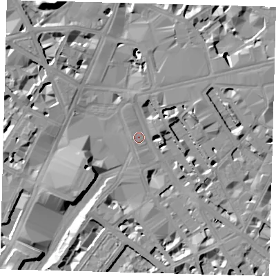 Shaded relief map of the ground around SW1V1LW, computed from Environment Agency LiDAR. The ground here sits at about 4 m above sea level and falls 19 m across the surrounding 800 m. Surface water reaching this point runs off ground lying to the south-south-east, 6.6 m higher.