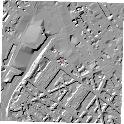Shaded relief map of the ground around SW1V1PP, computed from Environment Agency LiDAR. The ground here sits at about 3 m above sea level and falls 10 m across the surrounding 800 m. Surface water reaching this point runs off ground lying to the south, 5.3 m higher.