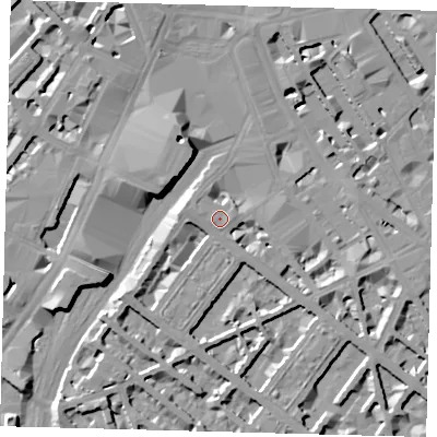Shaded relief map of the ground around SW1V1PX, computed from Environment Agency LiDAR. The ground here sits at about 5 m above sea level and falls 10 m across the surrounding 800 m. Surface water reaching this point runs off ground lying to the west-south-west, 1.3 m higher.