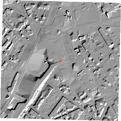 Shaded relief map of the ground around SW1V1PZ, computed from Environment Agency LiDAR. The ground here sits at about 4 m above sea level and falls 13 m across the surrounding 800 m. Surface water reaching this point runs off ground lying to the west, 12.9 m higher.