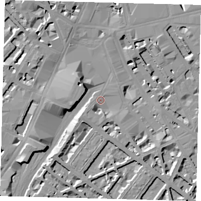 Shaded relief map of the ground around SW1V1QA, computed from Environment Agency LiDAR. The ground here sits at about 3 m above sea level and falls 10 m across the surrounding 800 m. Surface water reaching this point runs off ground lying to the north-west, 8.6 m higher.