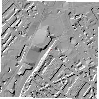 Shaded relief map of the ground around SW1V1QB, computed from Environment Agency LiDAR. The ground here sits at about 4 m above sea level and falls 10 m across the surrounding 800 m. Surface water reaching this point runs off ground lying to the west-north-west, 8.6 m higher.