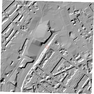 Shaded relief map of the ground around SW1V1QD, computed from Environment Agency LiDAR. The ground here sits at about 4 m above sea level and falls 10 m across the surrounding 800 m. Surface water reaching this point runs off ground lying to the north-north-west, 8.6 m higher.