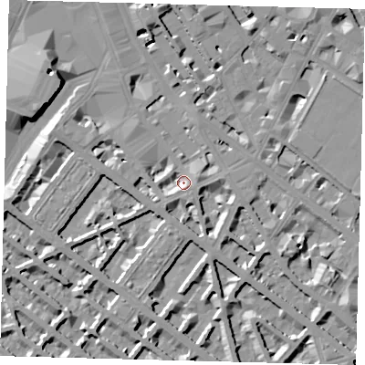 Shaded relief map of the ground around SW1V1QS, computed from Environment Agency LiDAR. The ground here sits at about 3 m above sea level and falls 10 m across the surrounding 800 m. Surface water reaching this point runs off ground lying to the south-south-west, 3.6 m higher.