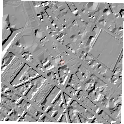 Shaded relief map of the ground around SW1V1QT, computed from Environment Agency LiDAR. The ground here sits at about 4 m above sea level and falls 11 m across the surrounding 800 m. Surface water reaching this point runs off ground lying to the west-south-west, 2.9 m higher.