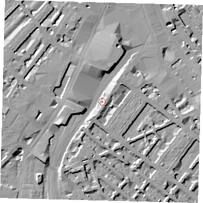 Shaded relief map of the ground around SW1V1RP, computed from Environment Agency LiDAR. The ground here sits at about 4 m above sea level and falls 10 m across the surrounding 800 m. Surface water reaching this point runs off ground lying to the north-north-east, 8.6 m higher.