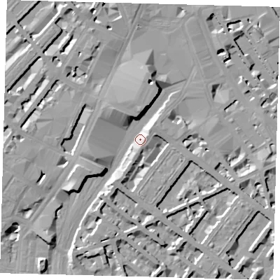 Shaded relief map of the ground around SW1V1RR, computed from Environment Agency LiDAR. The ground here sits at about 4 m above sea level and falls 10 m across the surrounding 800 m. Surface water reaching this point runs off ground lying to the north, 8.6 m higher.