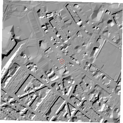 Shaded relief map of the ground around SW1V1SH, computed from Environment Agency LiDAR. The ground here sits at about 4 m above sea level and falls 10 m across the surrounding 800 m. Surface water reaching this point runs off ground lying to the south-west, 2.7 m higher.