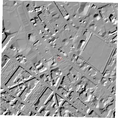 Shaded relief map of the ground around SW1V1SN, computed from Environment Agency LiDAR. The ground here sits at about 4 m above sea level and falls 11 m across the surrounding 800 m. Surface water reaching this point runs off ground lying to the south, 3.3 m higher.