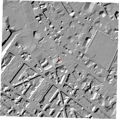 Shaded relief map of the ground around SW1V1SW, computed from Environment Agency LiDAR. The ground here sits at about 4 m above sea level and falls 11 m across the surrounding 800 m. Surface water reaching this point runs off ground lying to the south-west, 2.9 m higher.