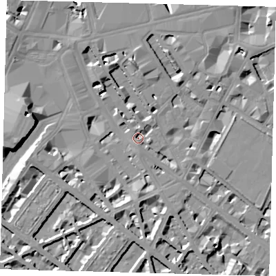 Shaded relief map of the ground around SW1V1TA, computed from Environment Agency LiDAR. The ground here sits at about 3 m above sea level and falls 11 m across the surrounding 800 m. Surface water reaching this point runs off ground lying to the south-south-east, 4.9 m higher.