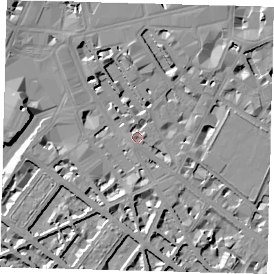 Shaded relief map of the ground around SW1V1TB, computed from Environment Agency LiDAR. The ground here sits at about 4 m above sea level and falls 10 m across the surrounding 800 m. Surface water reaching this point runs off ground lying to the south-south-east, 4.9 m higher.