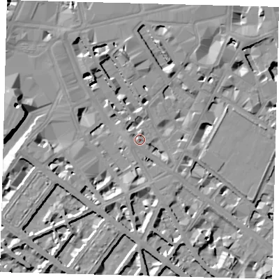 Shaded relief map of the ground around SW1V1TD, computed from Environment Agency LiDAR. The ground here sits at about 4 m above sea level and falls 10 m across the surrounding 800 m. Surface water reaching this point runs off ground lying to the south-south-east, 4.9 m higher.