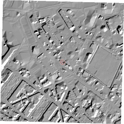 Shaded relief map of the ground around SW1V1TE, computed from Environment Agency LiDAR. The ground here sits at about 3 m above sea level and falls 11 m across the surrounding 800 m. Surface water reaching this point runs off ground lying to the south, 3.9 m higher.