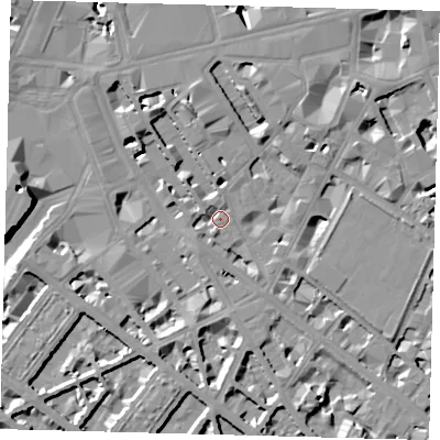Shaded relief map of the ground around SW1V1TG, computed from Environment Agency LiDAR. The ground here sits at about 3 m above sea level and falls 13 m across the surrounding 800 m. Surface water reaching this point runs off ground lying to the north-north-east, 7.5 m higher.