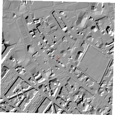 Shaded relief map of the ground around SW1V1TH, computed from Environment Agency LiDAR. The ground here sits at about 3 m above sea level and falls 11 m across the surrounding 800 m. Surface water reaching this point runs off ground lying to the south, 3.9 m higher.