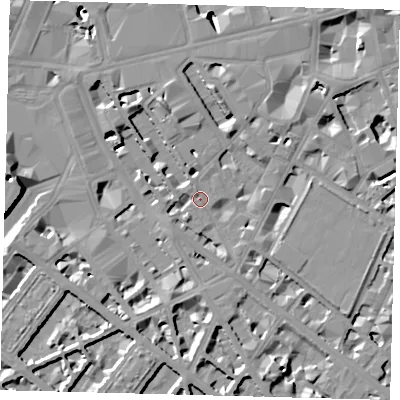 Shaded relief map of the ground around SW1V1TJ, computed from Environment Agency LiDAR. The ground here sits at about 3 m above sea level and falls 13 m across the surrounding 800 m. Surface water reaching this point runs off ground lying to the north-north-east, 7.5 m higher.
