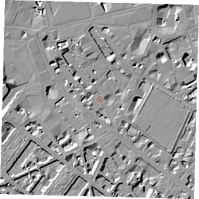 Shaded relief map of the ground around SW1V1TL, computed from Environment Agency LiDAR. The ground here sits at about 3 m above sea level and falls 13 m across the surrounding 800 m. Surface water reaching this point runs off ground lying to the north, 7.5 m higher.