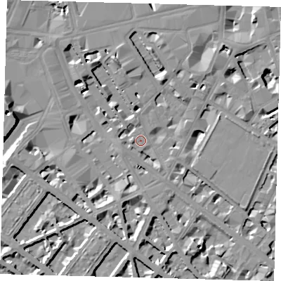 Shaded relief map of the ground around SW1V1TQ, computed from Environment Agency LiDAR. The ground here sits at about 3 m above sea level and falls 11 m across the surrounding 800 m. Surface water reaching this point runs off ground lying to the west, 2.8 m higher.