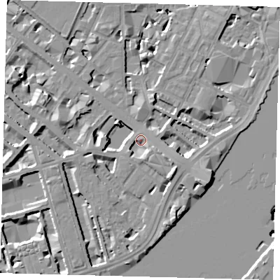 Shaded relief map of the ground around SW1V2HJ, computed from Environment Agency LiDAR. The ground here sits at about 4 m above sea level and falls 11 m across the surrounding 800 m. Surface water reaching this point runs off ground lying to the south-east, 5.5 m higher.