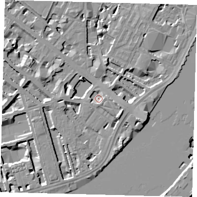 Shaded relief map of the ground around SW1V2HL, computed from Environment Agency LiDAR. The ground here sits at about 4 m above sea level and falls 11 m across the surrounding 800 m. Surface water reaching this point runs off ground lying to the south-south-east, 3.5 m higher.
